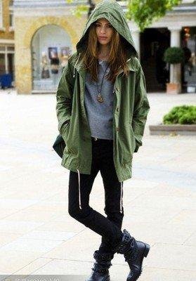 New Womens Army Green Military Parka Button Hooded Coat Jacket S M L