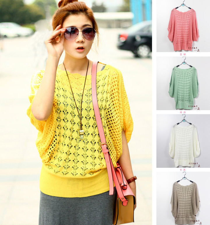 New Womens Batwing Short Sleeve Casual Loose Hollow Knit Coats Cardigan Top