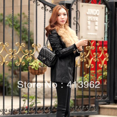 New Womens Casual Fur Collar Long-sleeved Diagonal Zipper Leather Clothing Coats XCS1231226