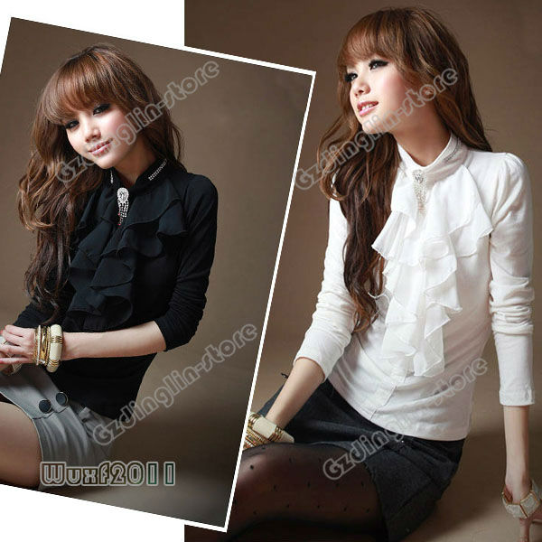 New Womens Clothing Stand Collar Long Sleeve Solid Color Black White Casual Slim T-Shirt Tops Blouse Size S Free Shipping 0755