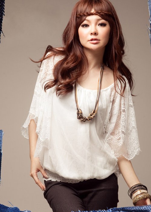 New Womens Fashion Lace Flower Hole Transparent Chiffon WhiteTops Blouse R8788