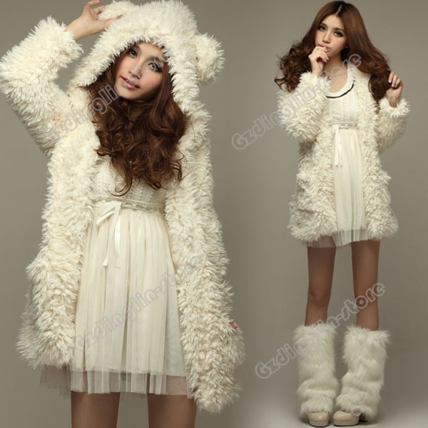 New Womens Fashion Long Sleeve Winter Warm Fluffy Hoodie Faux Fur Sweet Jacket Coat Overcoat Beige Size S Free Shipping 0061