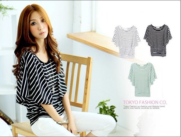New Womens Fashion Stripe Bat-wing Sleeve Knitted Tops Blouse Black/White F2943