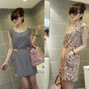 New Womens Ladies Chiffon Sleeveless Belted Short Mini Skater Dress 2 Style A834