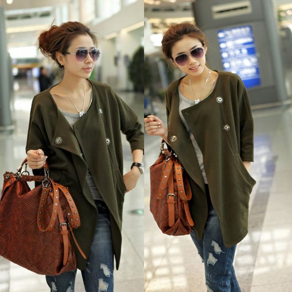 New Womens Peacoat Pea Coat Navy Middle Sleeves Lapels Fastene Notched Jacket Green HR398G