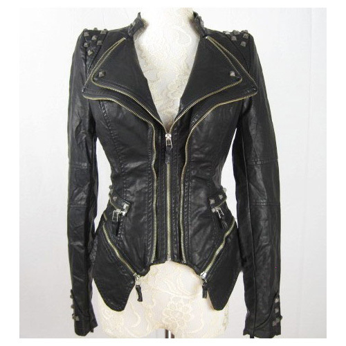 New Womens Punk Spike Studded Shoulder PU Leather Jacket Zipper Coat Size s XL