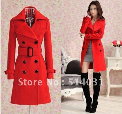 New Womens Red Woolen Coat Trench Coat Belted Double-Breasted Long Jacket #10093