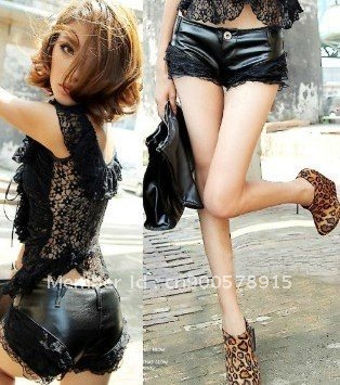 NEW Womens Sexy Classic PU Faux Leather Lace Black Mini Bodycon Shorts Hot Pants