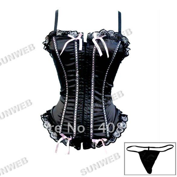 New Womens Sexy Lingerie Lace up Satin Corset Bustier Lingerie + G-String Underwear Sleepwear Black free shipping 5649