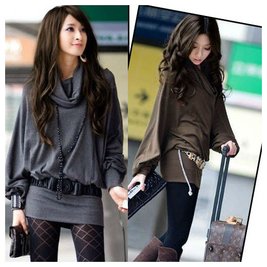 New Womens Stylish Long Sleeve Casual T-Shirt Loose Tops Blouse Ruff Neckline Size S M L Gray Coffee Free Shipping Hot 0160