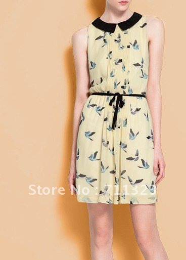 New Womens summer Fashion bird pattern Chiffon Dress + Free Shipping