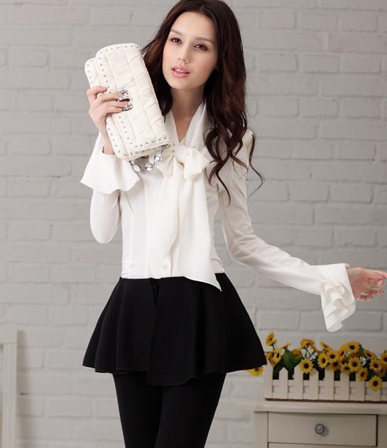 New Womens White Black Bowknot OL Career Shirt Slim Fit Tops Blouse Size S~XXL Free Shipping