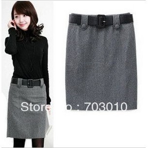 New wool skirt waist Medium style button skirt OL bud YiBuQun black grey professional skirt