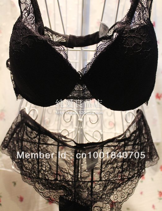 New year female fashion sexy lace cutout autumn and winter thick bra underwear set black, hot sale in JAPAN, free shipping