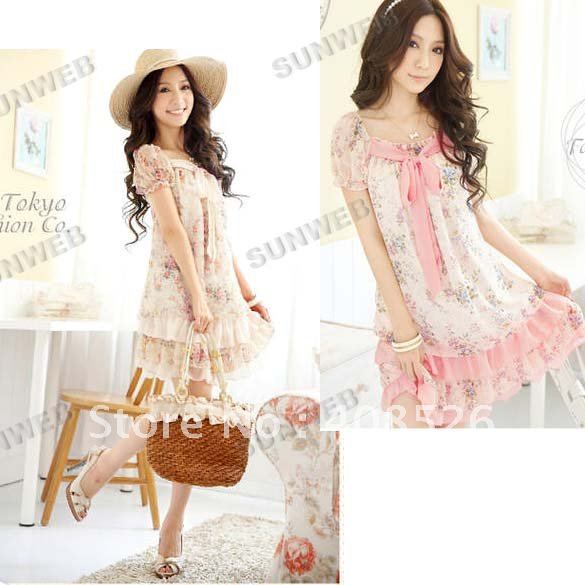 New2012  Sweet Princess Floral Crew Neck Short Sleeve Bowknot Slim Chiffon mini Dress 2 Colors free shipping 3778