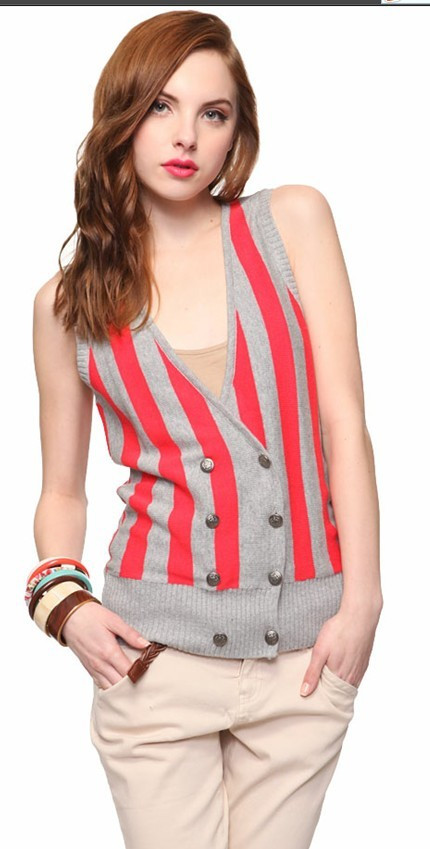newest 2013 autumn and winter women fashion all-match red grey patchwork V-neck casual knitted yarn vest