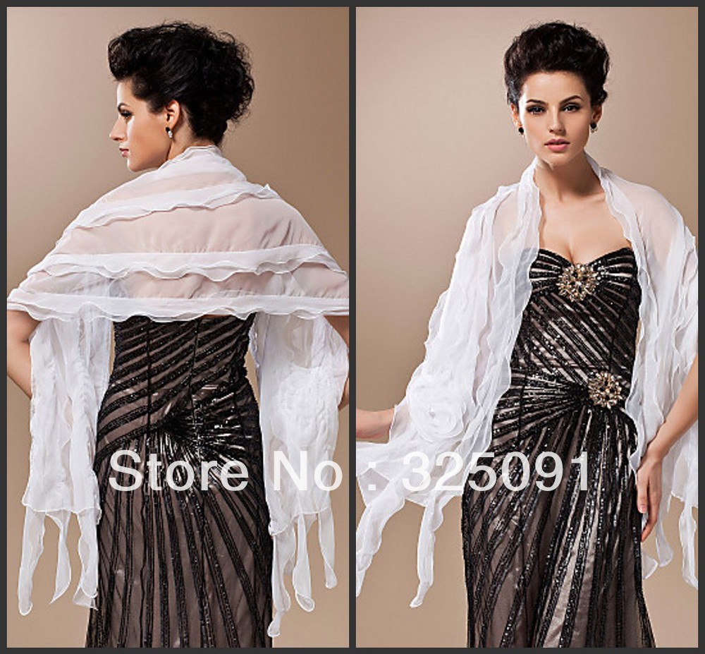Newest Arrival Free Shipping  Evening/ Wedding /Prom/ Pageant White Wraps/ Shawls With Flower Detail Ruffle Pleat Bridal Jackets