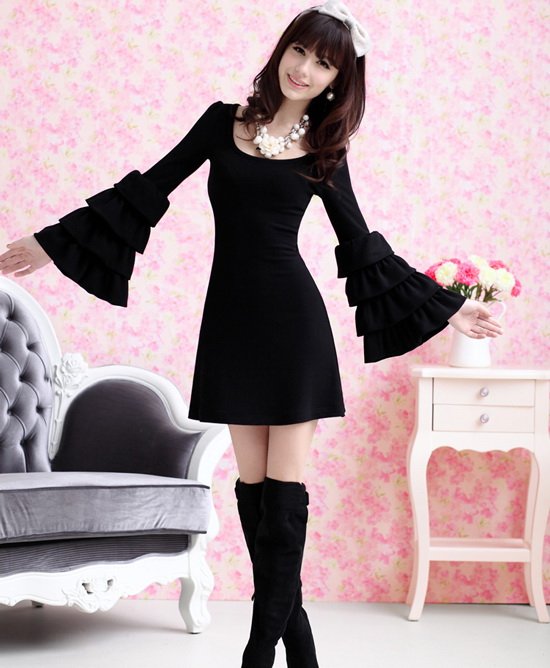 Newest Elegant Lolita Style Round Neckline Black Trumpet Long Sleeves Cotton+Ployester Dress For Women