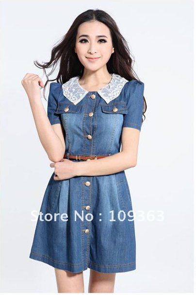 Newest,Fashion Women's Denim Dresses,Popular Lace Neck Ladies' Casual jeans Dress plus size cotton dresses Free shipping QQ1340