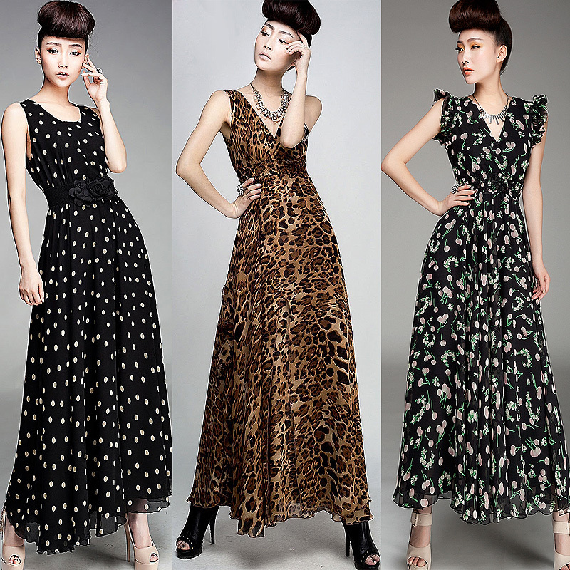 Newest Fashion women's princess V-neck large hemline,Bohemian leopard chiffon long dress,elegant Ankle-Length dress,JW-S035