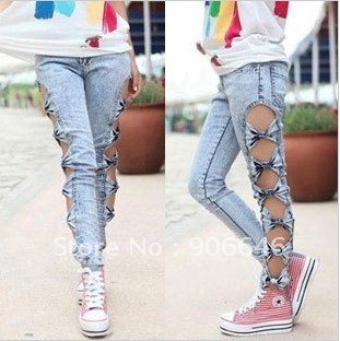 Newest Korean side of the hollow bow Exposed flesh was thin Package buttocks tight jeans S/M/L feet Female 1PC/LOT Free shipping