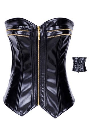 Newest Style! 2013 Fashon zipper front Leather Corset top LB4058 Black shiny Vinyl hook steel boned Coselet