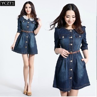Newest,Vintage Fashion Women's Denim Dresses ,Popular Detachable Lace Neck Ladies' workwear Casual Dresses ,Free shipping B937