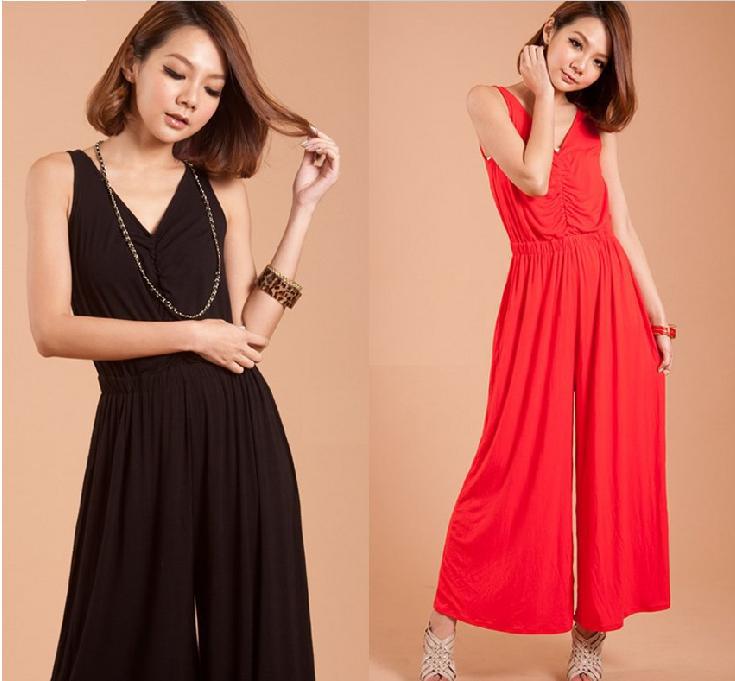 Newest women chiffon casual sleeveless backless deep v neck slim waist jumpsuit ladies leisure loose wide leg pant  81041