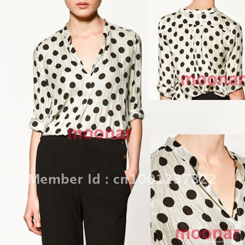 Newest Women Crew Neck Tops Polka Dots Shirt Long Sleeve Career Casual Blouses E0428
