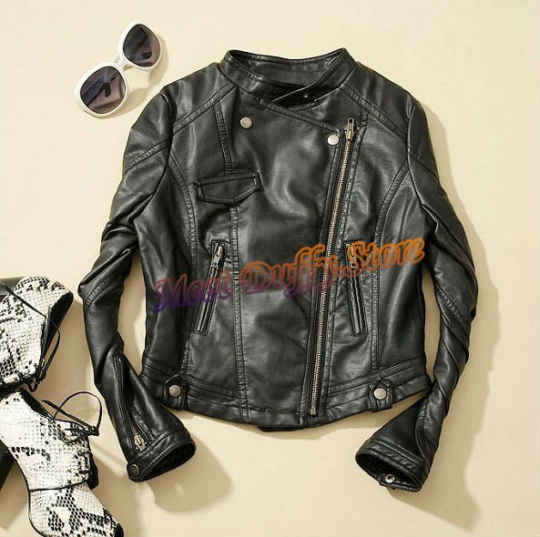 Newest Women Faux Leather garment Zipper Cropped PU Leather Jacket Biker Jacket  Lady Short Coat Outerwear Lady fur clothing