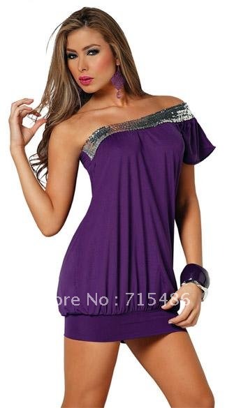 Newly Design Free Shipping Fast Delivery  ML17601 Purple One-shouldered summer dresses  womens dresses