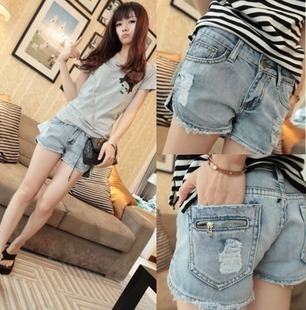 Newly hot sale fashion placketed vintage denim lady's shorts jeans hole distressed ripped designer pants free shipping size31