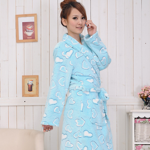 Newsluck women's coral fleece sleepwear robe blue white heart-shaped women's bathrobes short design