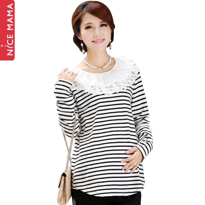 Nice mama maternity clothing spring and autumn fashion 2013 maternity stripe top laciness maternity t-shirt