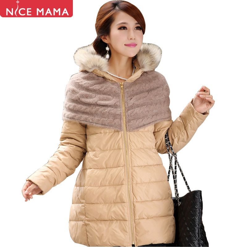Nice mama winter maternity top maternity wadded jacket thickening maternity outerwear raccoon fur
