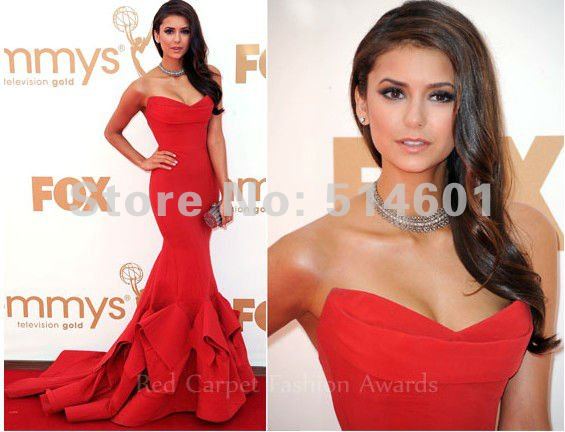 Nina Dobrev Sweetheart Ruffle Red Satin Mermaid Red Carpet Dress Celebrity Dress