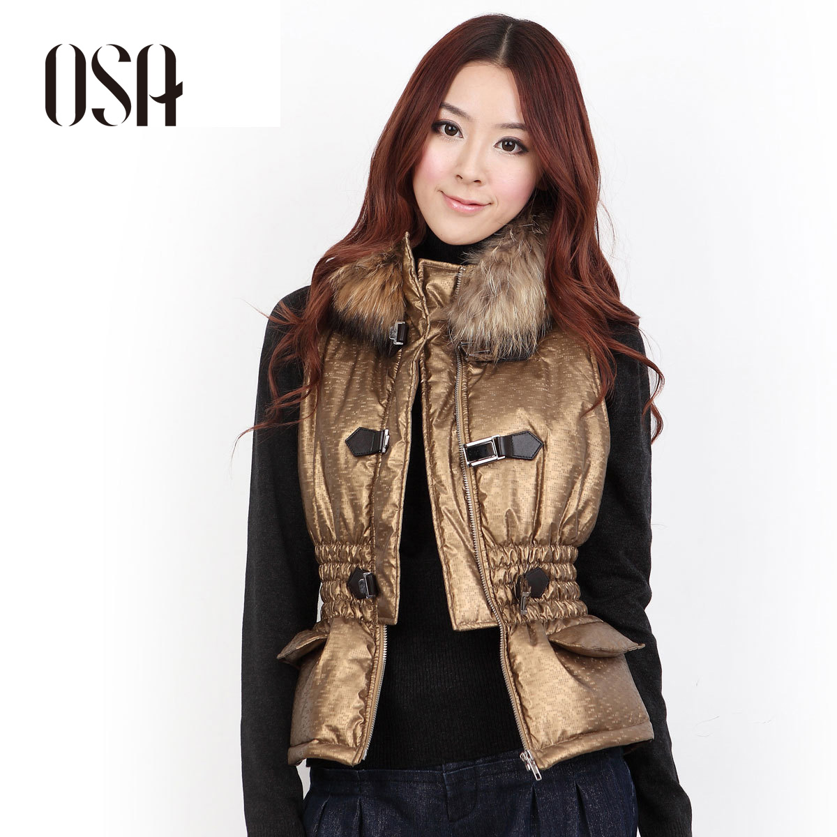 Ningjing osa autumn and winter women down vest fur collar slim down coat female y00902