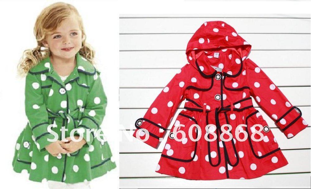 NO324 Free shipping girl coat / children /dotted /Outerwear  / kid jacket /red green color 5size(2-8Y)