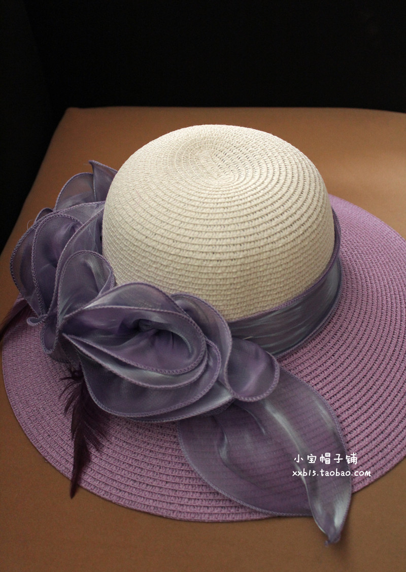 Nobility elegant haircord big flower feather color block big straw hat women's summer beach sunbonnet