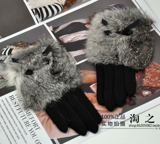 Noble and elegant high quality genuine leather wool women's gloves bow cashmere thermal finger gloves winter gift, Free shipping