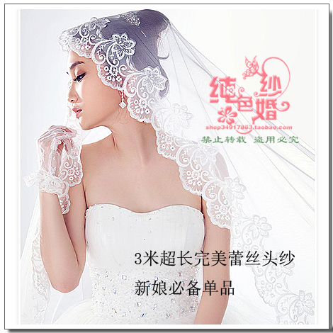 Noble fashion ultra long 3m big lace embroidery flowers length veil bridal veil hot