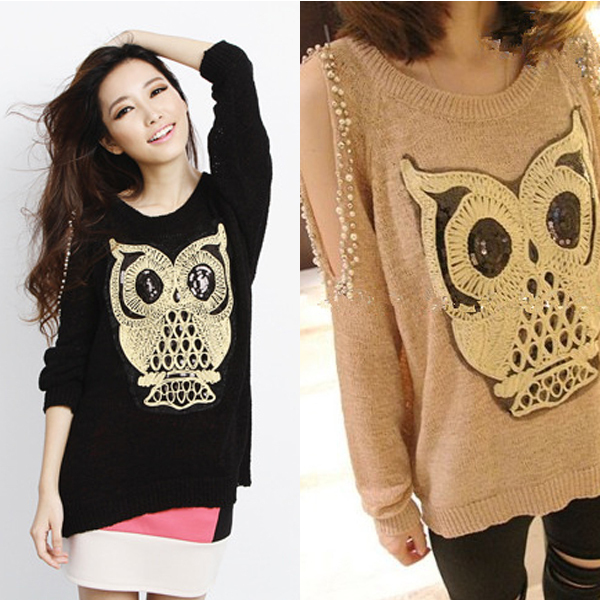 Non-mainstream 2012 women's clothing personalized 90 owl paillette crochet loose sweater pullover sweater free shipping