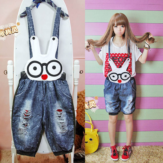 Non-mainstream clothing 2012 backwa-rds and patchwork rabbit hole denim blue suspenders capris free shipping