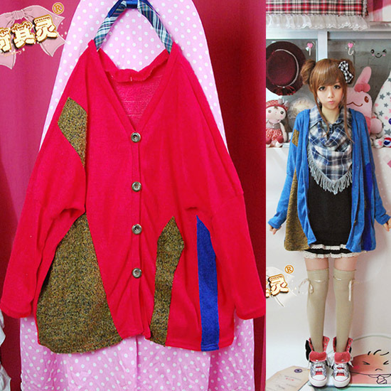 Non-mainstream clothing 2012 patchwork V-neck batwing sleeve long sweater outerwear free shipping