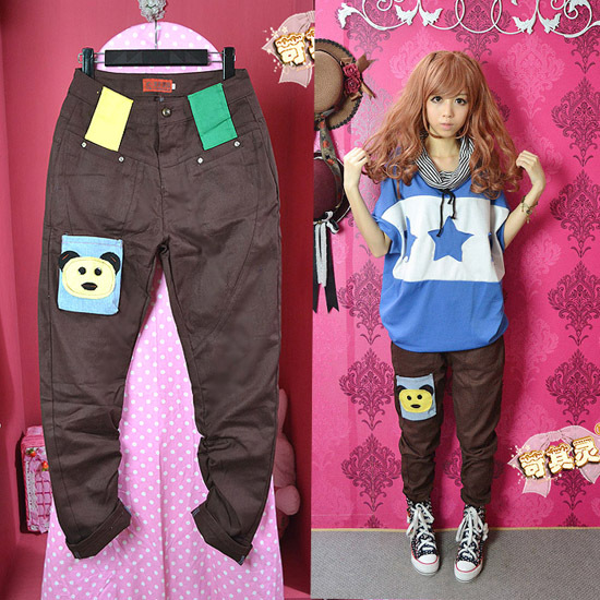 Non-mainstream clothing 2012 summer personalized patchwork pocket bear decoration brown jeans free shipping