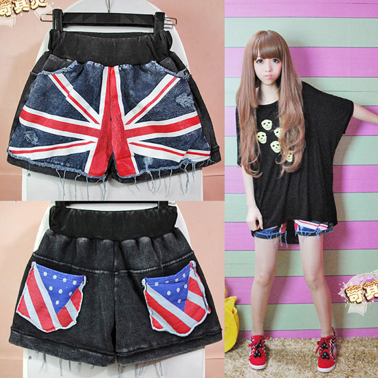 Non-mainstream clothing 2012 torx flag the anteroposterior patchwork blue black denim shorts free shipping