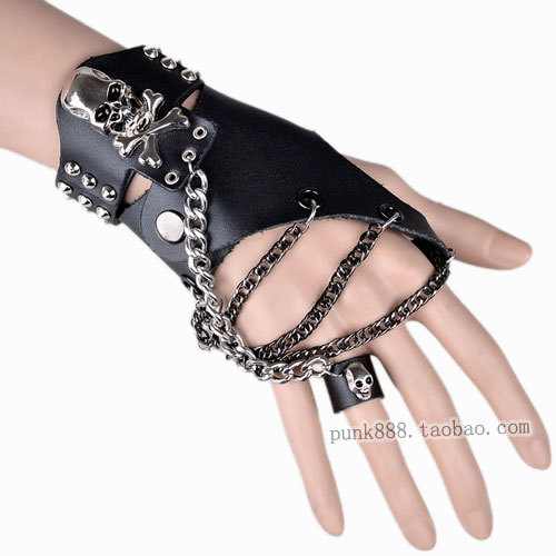Non-mainstream gloves skull chain gloves genuine leather gloves hip-hop mitring punk gloves