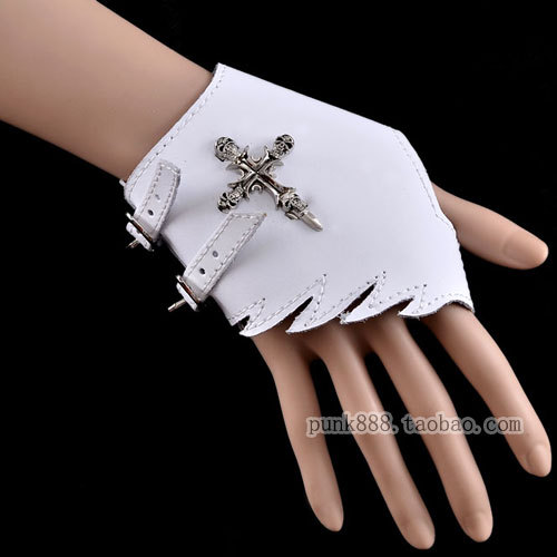 Non-mainstream mitring cross white gloves leather gloves hip-hop gloves punk-g7