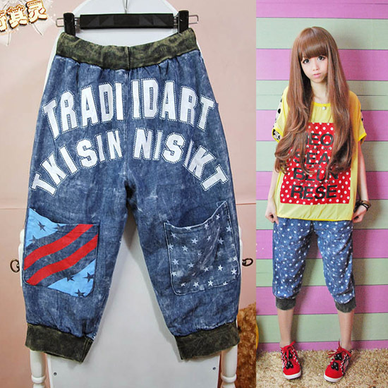 Non-mainstream women's 2012 five-pointed star large pocket tie-dyeing denim blue capris free shipping