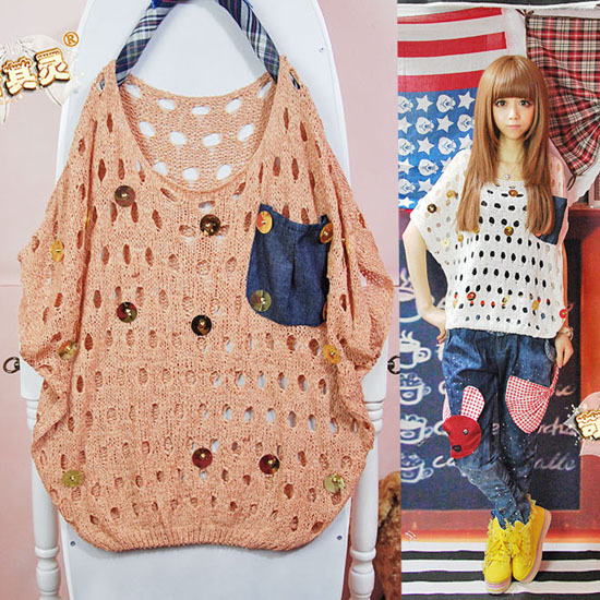 Non-mainstream women's 2012 paillette decoration denim pocket cutout short-sleeve sweater free shipping
